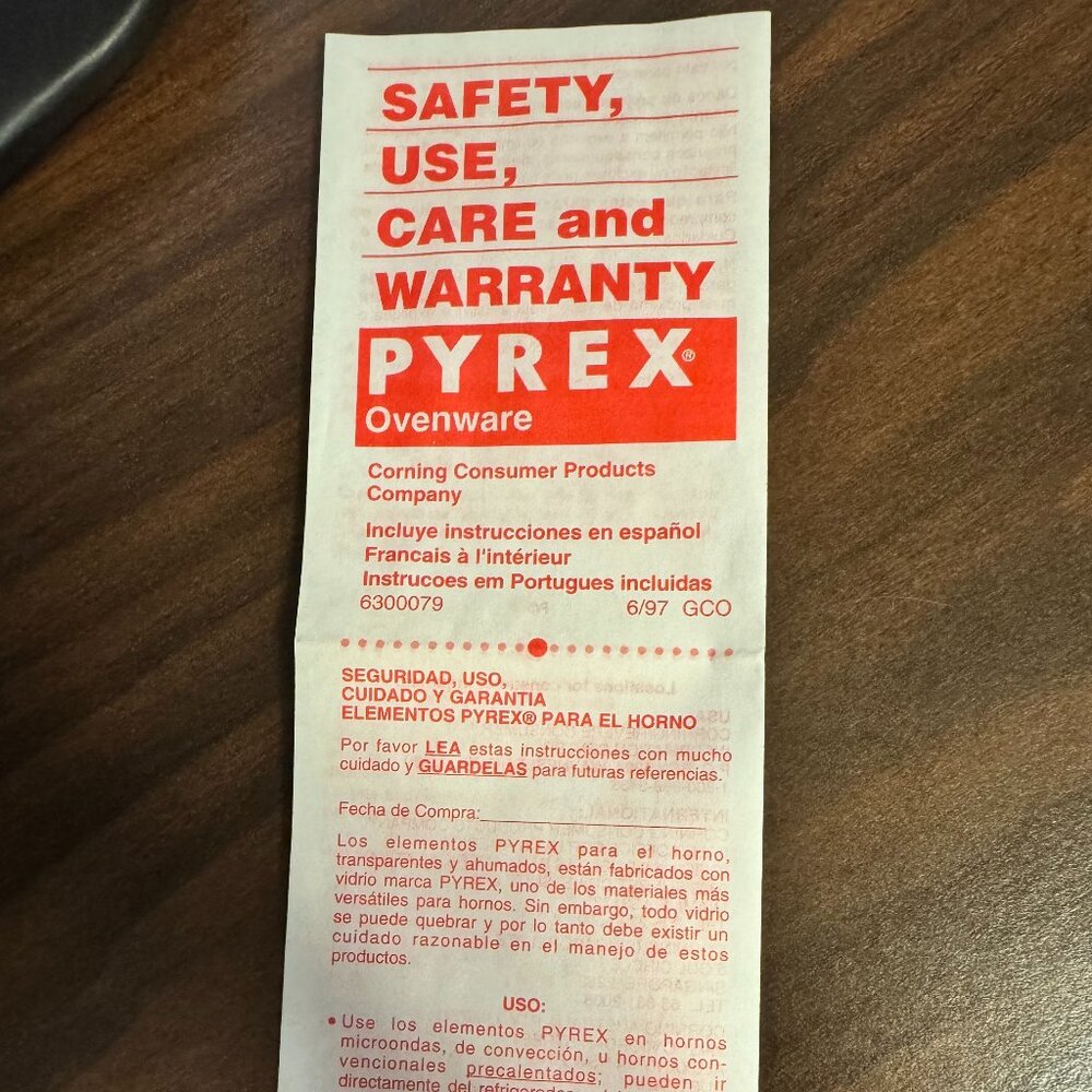 Pyrex Safey Use Care and Warranty Sheet